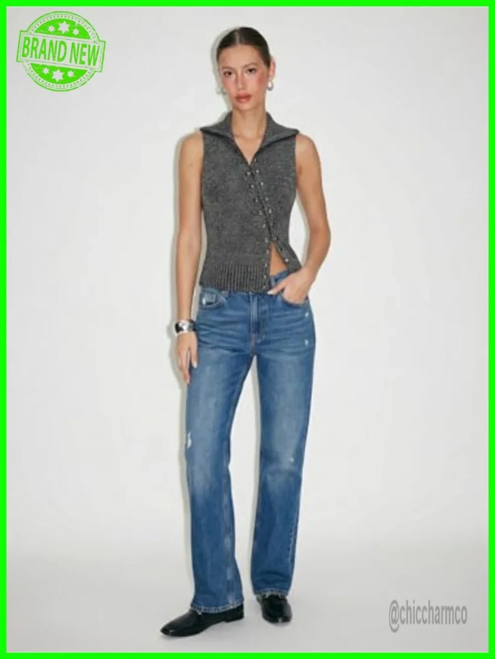 Women's Cropped Sweater Vest Rivet Sleeveless Turtleneck Zip Up Cardigan